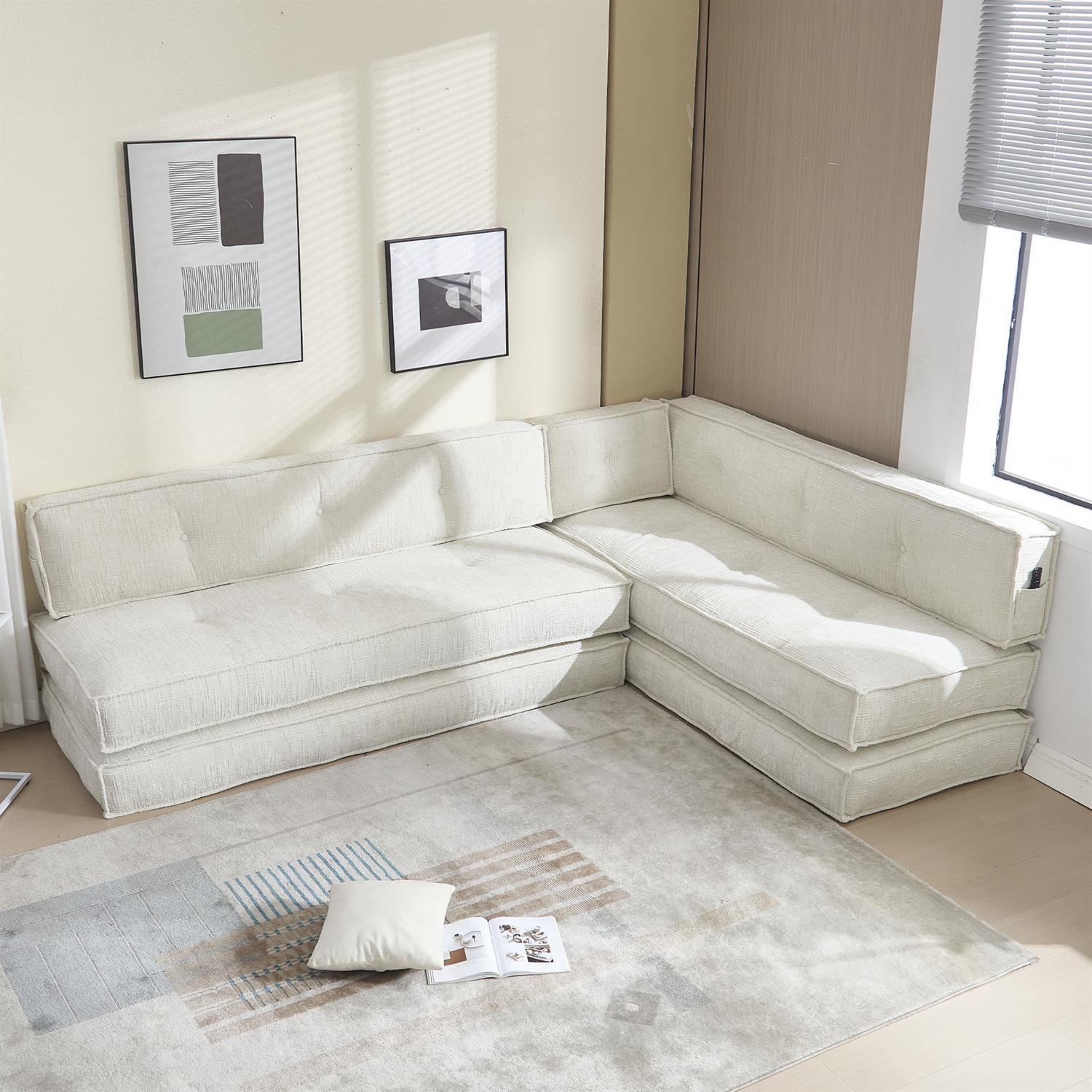 Demi Bonn 78" Versatile Chenille Sectional Sofa with Side Pocket, Modern Couch for Living Room, Customize Layout to Fit Any Space, White