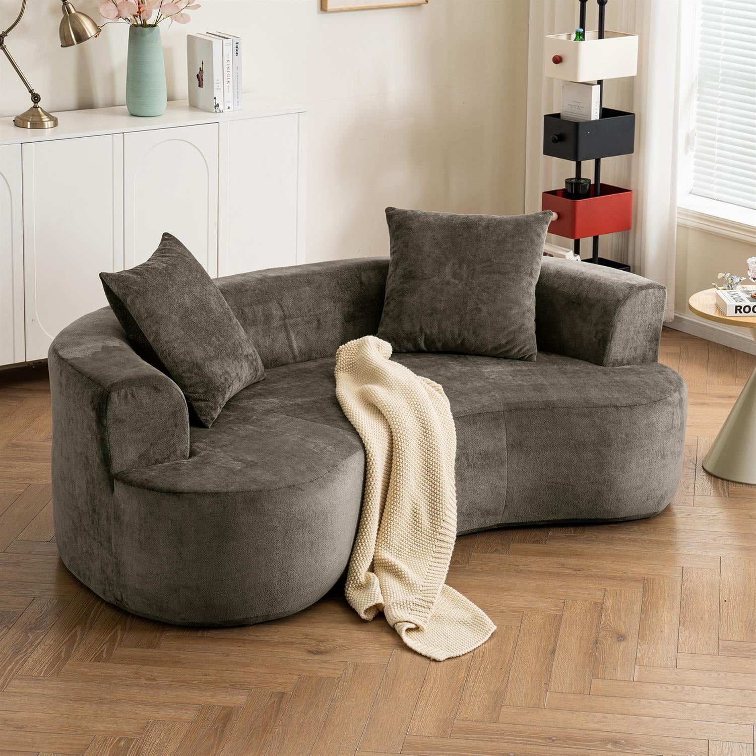 Demi Bonn 79" Moon Shaped Modern Sofa Bed, Deep Seat Cat Waist Sectional, Chenille Fabric Compressed Sponge Couch for Living Room, Gray