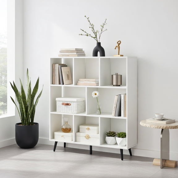 Demi Bonn 8-Cube Bookcase, 5 Tapered Metal Legs, Anti-Tipping Design, Easy-Clean Surface, White