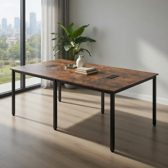Demi Bonn 8 FT Large Conference Room Table Seats 10 People Sturdy Metal Frame Adjustable Foot Pads Cable Grommets Heavy Duty Support Legs Office Meeting Table, Rustic Brown (Chairs Not Included)