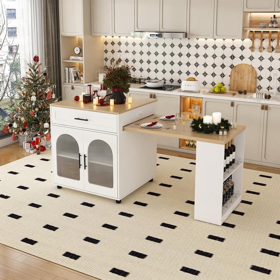 Demi Bonn 80" Expandable Kitchen Island with Dining Table, Marble-Grain Countertop and Power Outlet, Dining Table with Cabinet & 2 Drawers, White