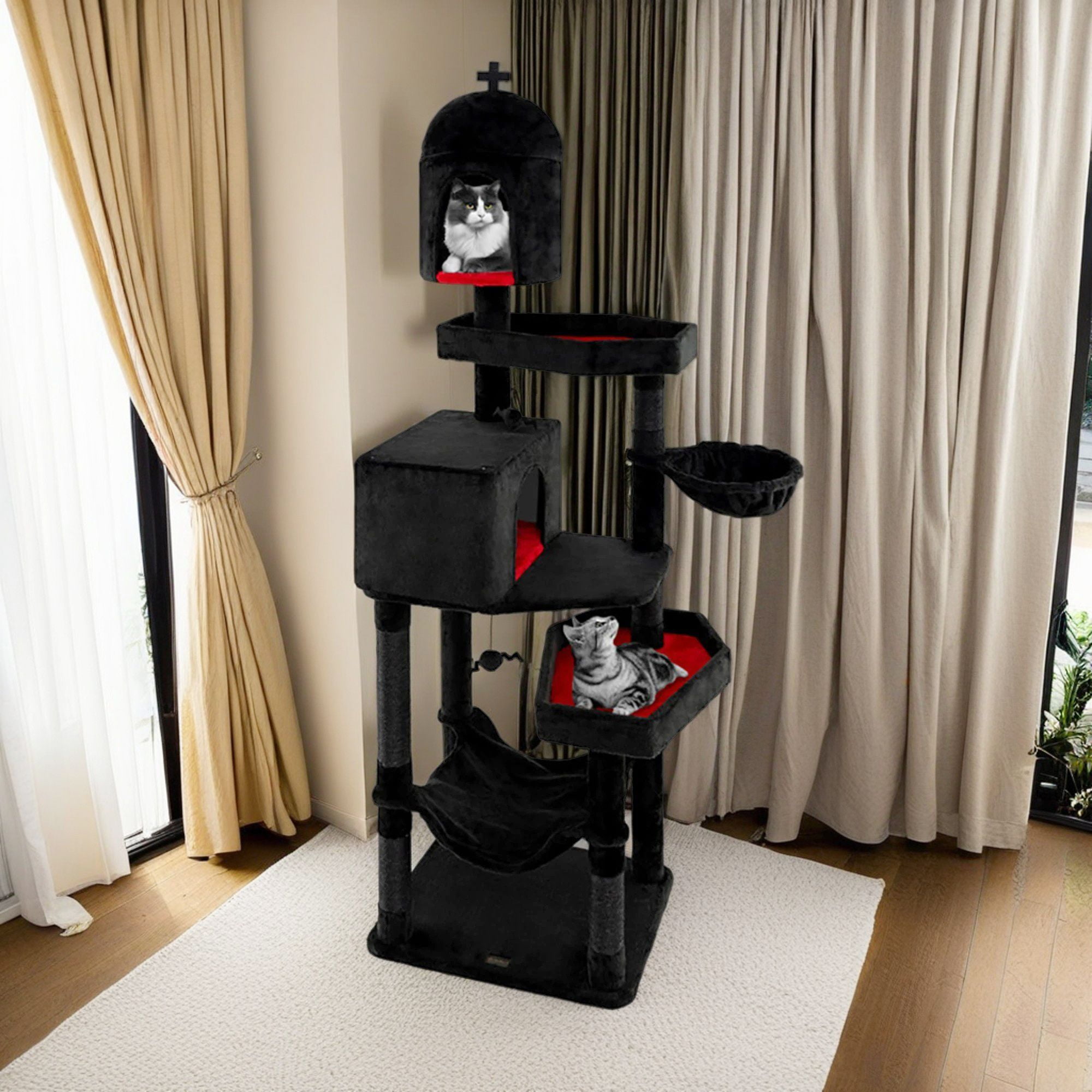resenkos 80" Gothic Cat Tree with Coffin Bed, Cat Tower with Scratching Post and Cat Condo, Cat Tree House with Hammock, for Small Medium Cats, Black