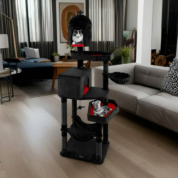 Demi Bonn 80" Tall Gothic Cat Tree for Large Cats, Cat Tower with Coffin Bed, Sisal Scratching Posts, Bat-Shaped Hanging Ball, Multi-Level Spooky Cat Condo, Black