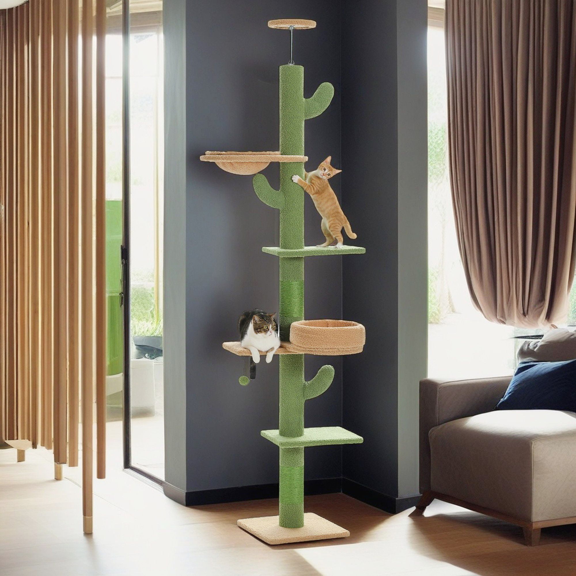 Kadyn (87"-100") Height Adjustable Floor to Ceiling Cat Tree, 5 Levels Cactus Cat Tower with Cat Perch and Hammock, Cat Climbing Activity Center, Green