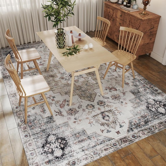 Demi Bonn 8x10ft Area Rug, Vintage Machine Washable Rug, Non-Slip Carpet for Living Room, Bedroom, Dining Room, Brown