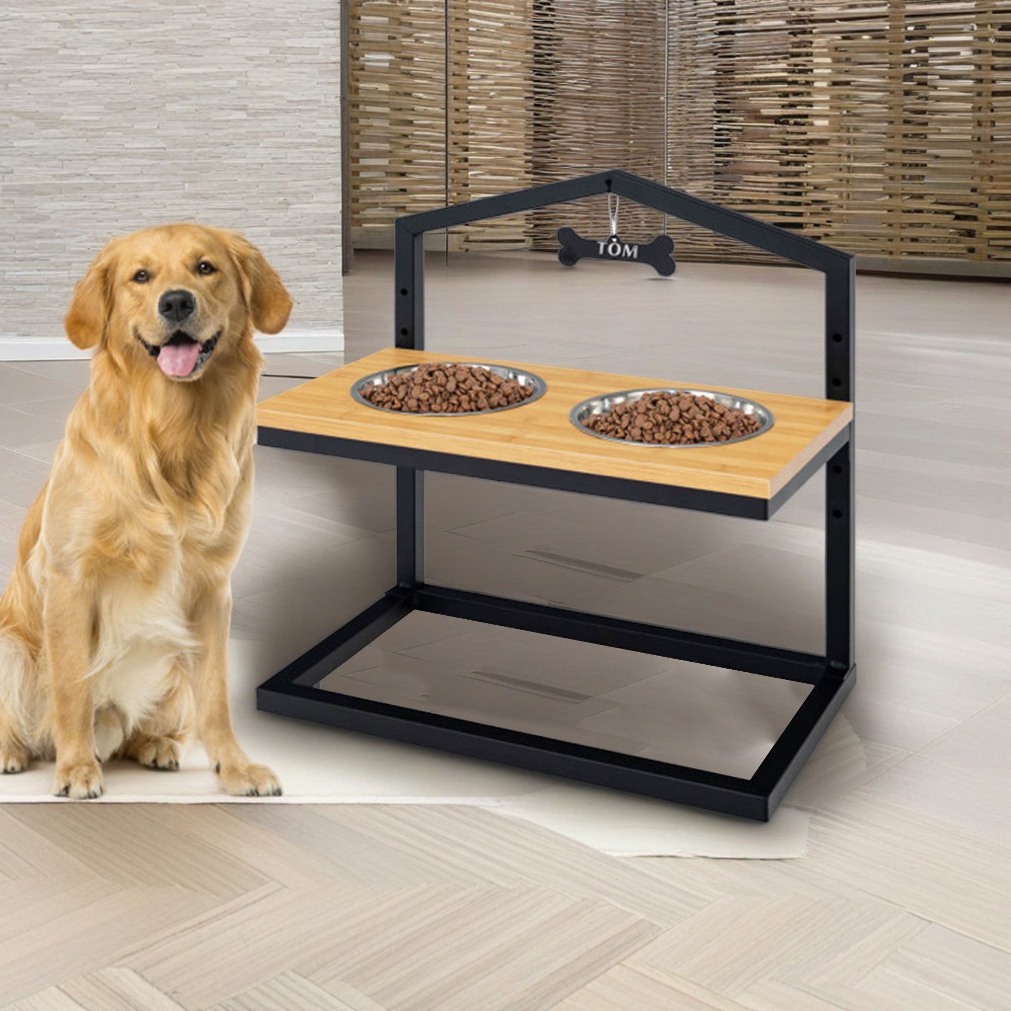 Kadyn 9"-17" Elevated Pet Feeder with 2 Stainless Steel Dog Bowl, Pet Food Bowls for Feeding Small Medium Dogs Cats Puppies, Beige