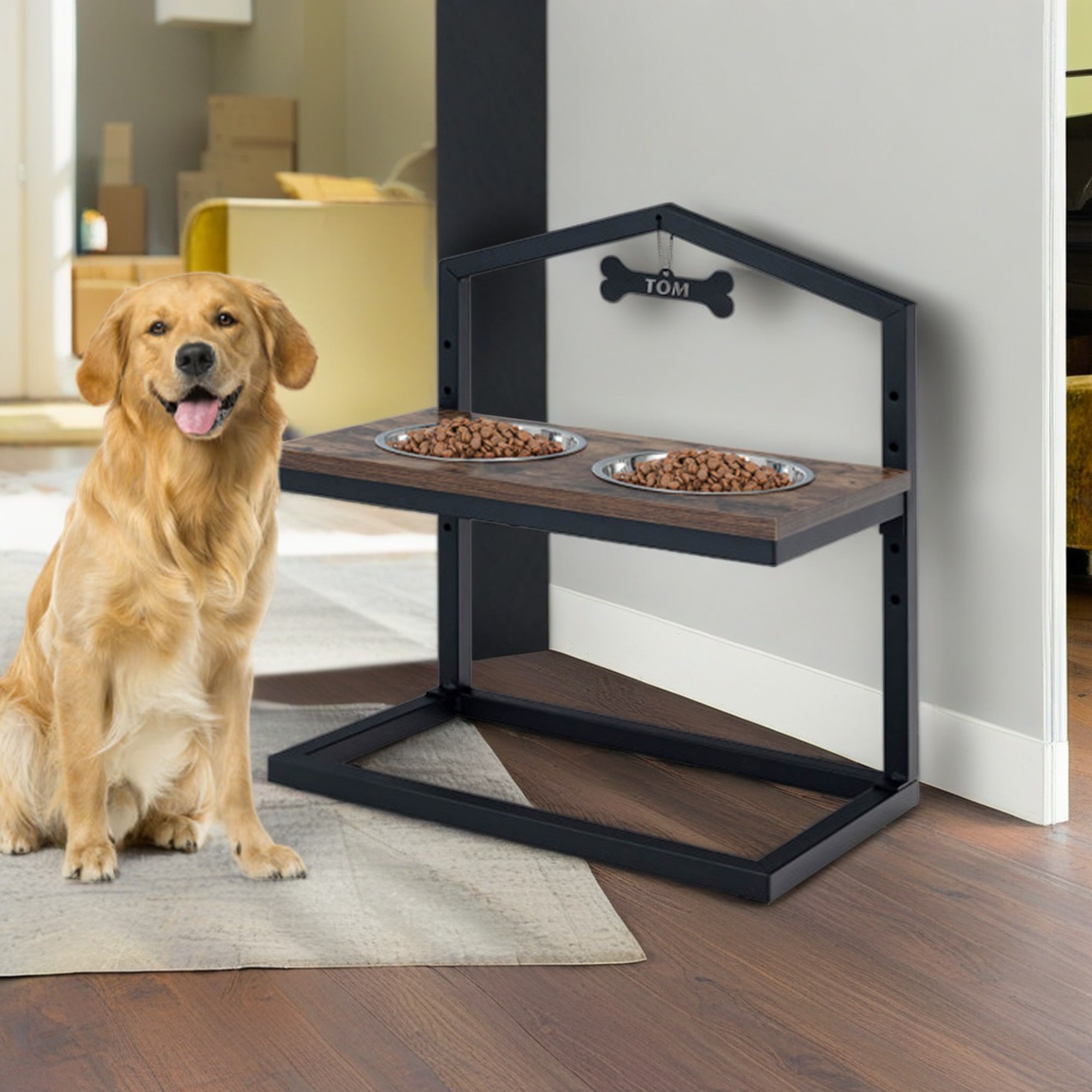 Kadyn 9"-17" Elevated Pet Feeder with 2 Stainless Steel Dog Bowl, Pet Food Bowls for Feeding Small Medium Dogs Cats Puppies, Brown