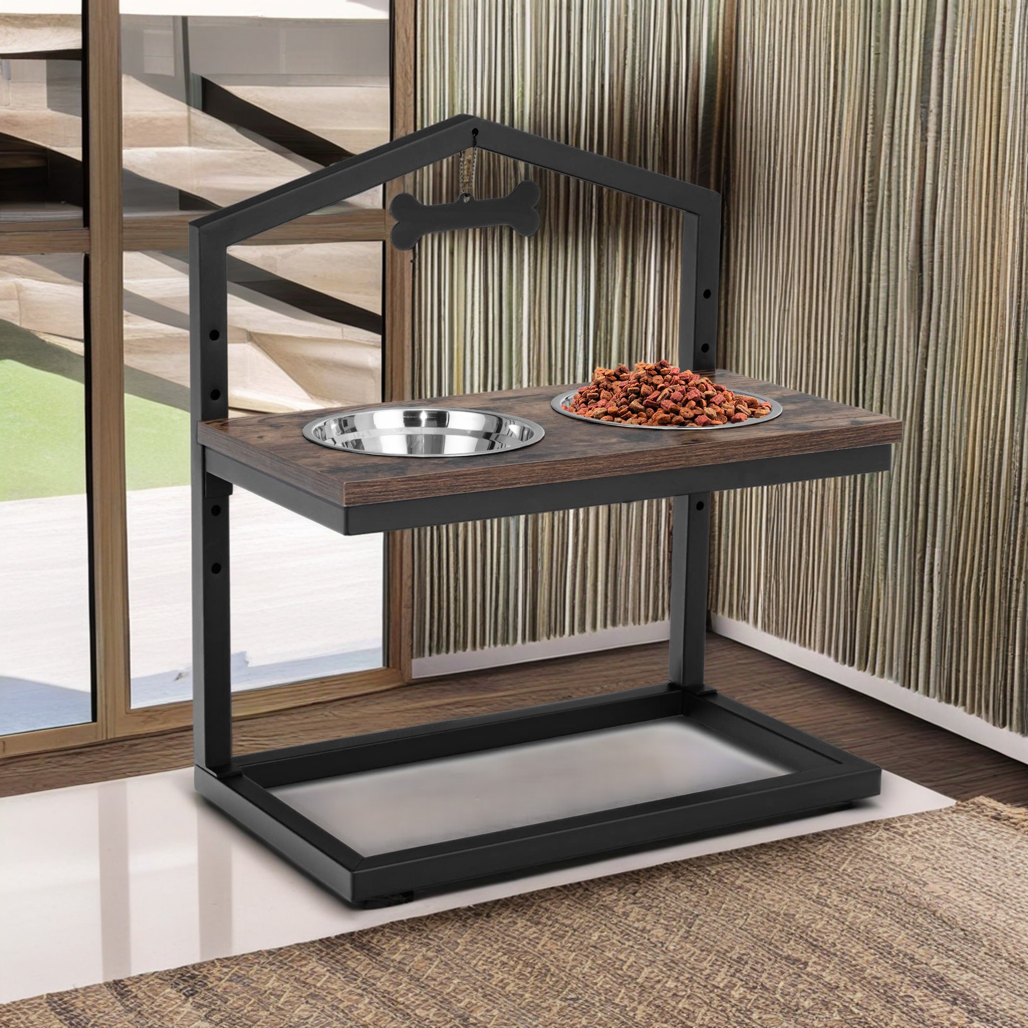 resenkos 9"-17" Elevated Pet Feeder with 2 Stainless Steel Dog Bowls for Feeding Small Medium Dogs Cats Puppies, Brown