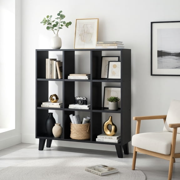 Demi Bonn 9-Cube Bookcase, 6 Removable Shelves, Raised Support Feet, Easy-Clean Surface, Home Storage, Black