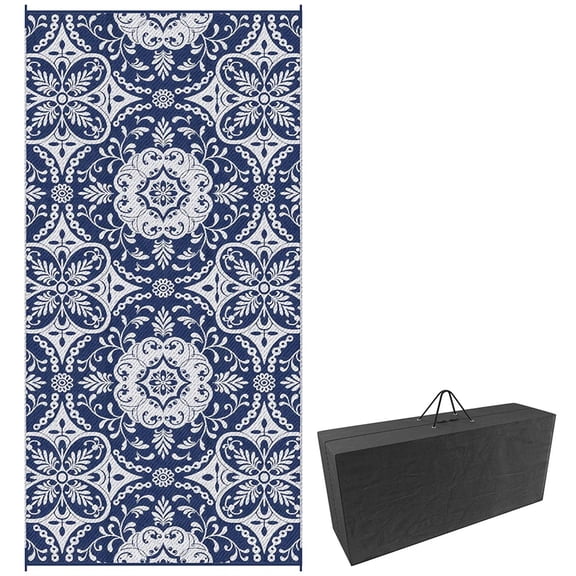 Demi Bonn 9' x 18' Reversible Floral Outdoor Rug, Waterproof Plastic Straw Floor Mat, Portable RV Camping Carpet, Large Floor Mat for Backyard, Deck, Picnic, Beach, Blue