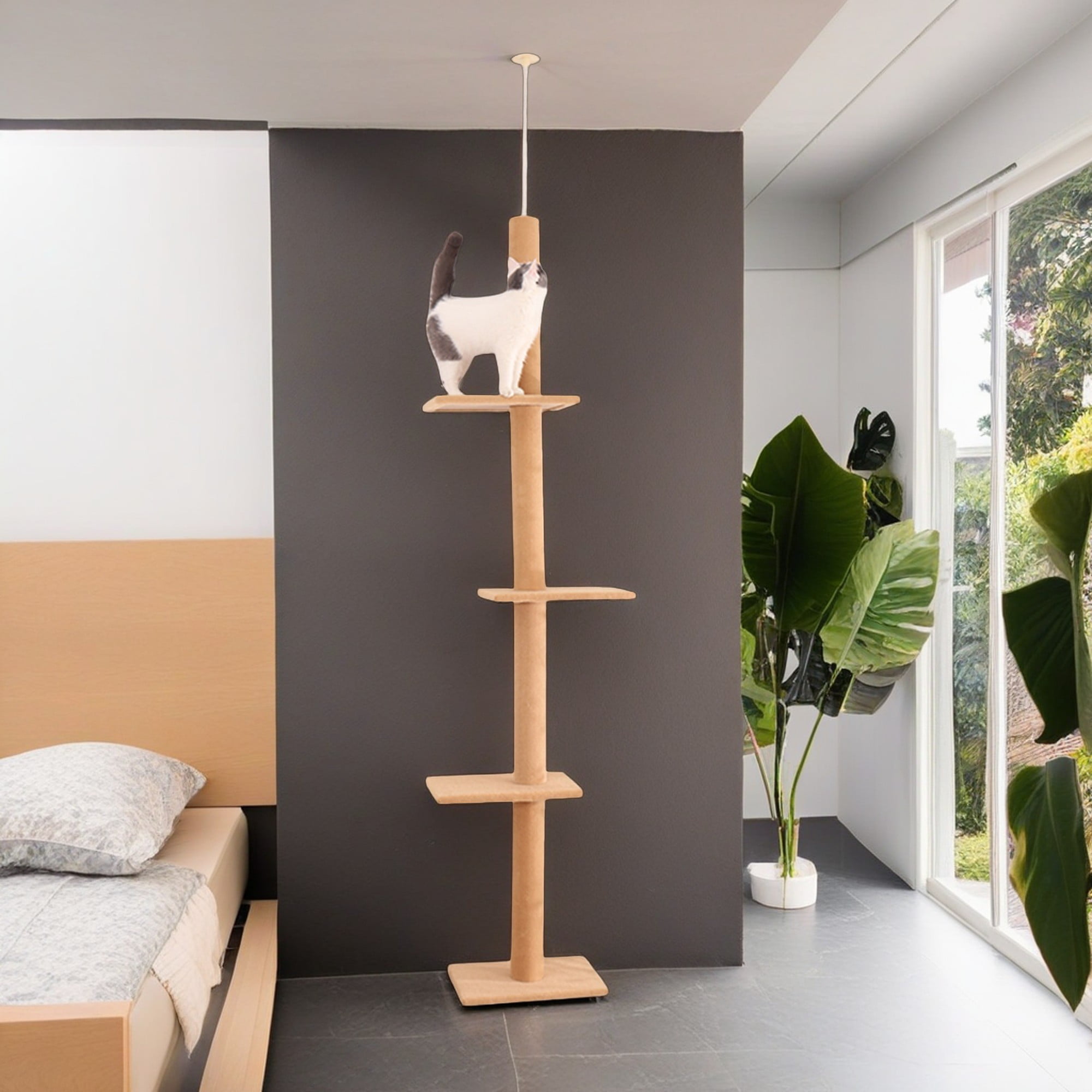 Kadyn 90"-108" Height Adjustable Cat Tree Tower, Floor to Ceiling Three Tier Cat Tower for Indoor Cats Modern Cat Climbing Tree, Beige