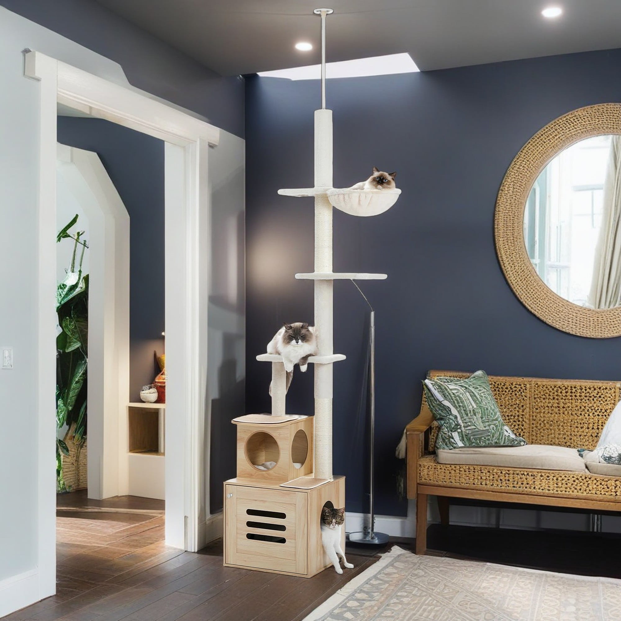 resenkos 90"-110" Adjustable Cat Tree Tower Floor-to-Ceiling Cat Activity Center with Sisal Scratching Post and Cat Condo with Litter Box, Beige