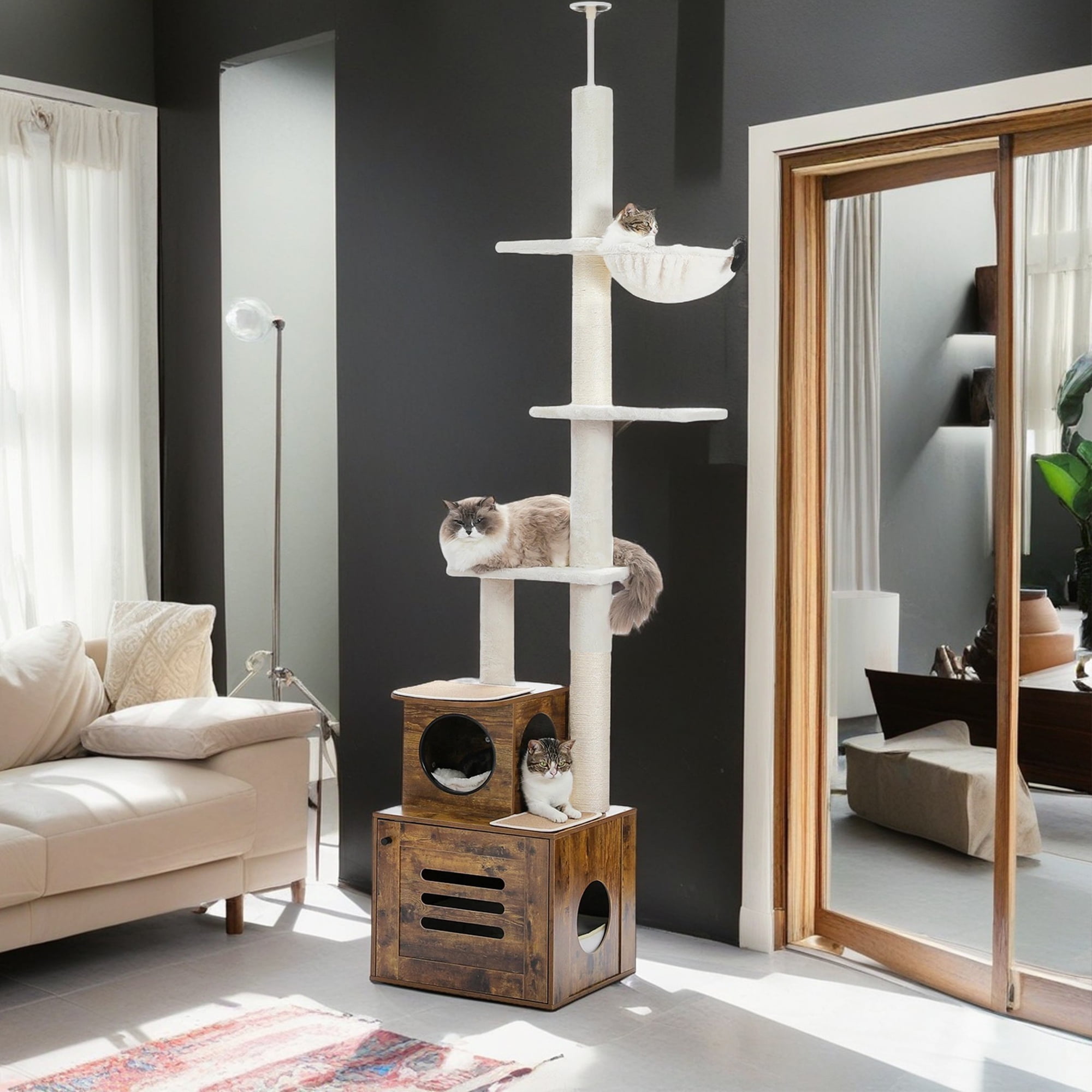 Kadyn 90"-110" Adjustable Height Cat Tree Tower Floor-to-Ceiling, Multi-Level Cat Activity Center, Cat Condo with Litter Box Enclosure, Brown