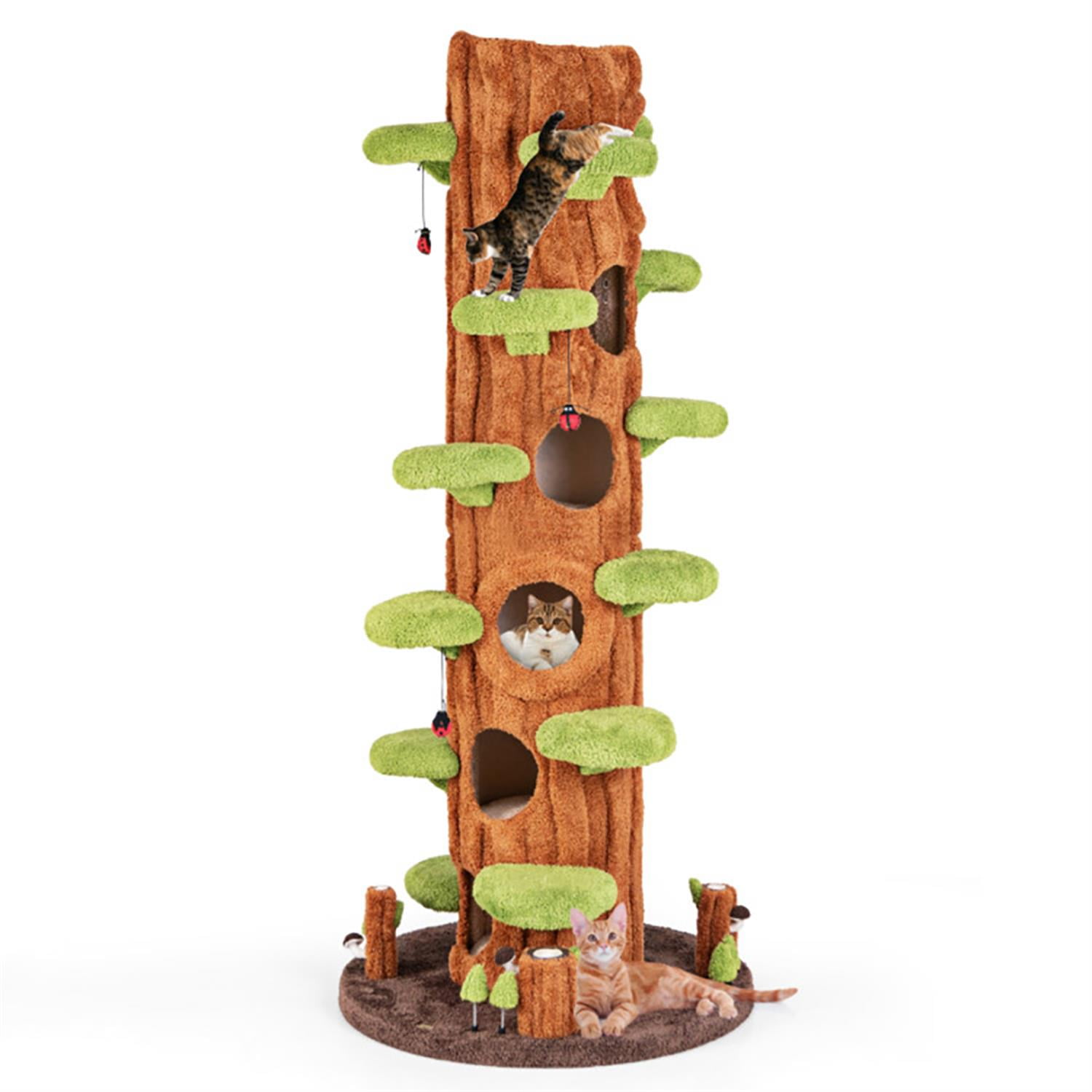 resenkos 90" Cat Tree Tower with Private Condos for Indoor Cats, Multifunctional Plush Cat House with Teasing Balls, Brown