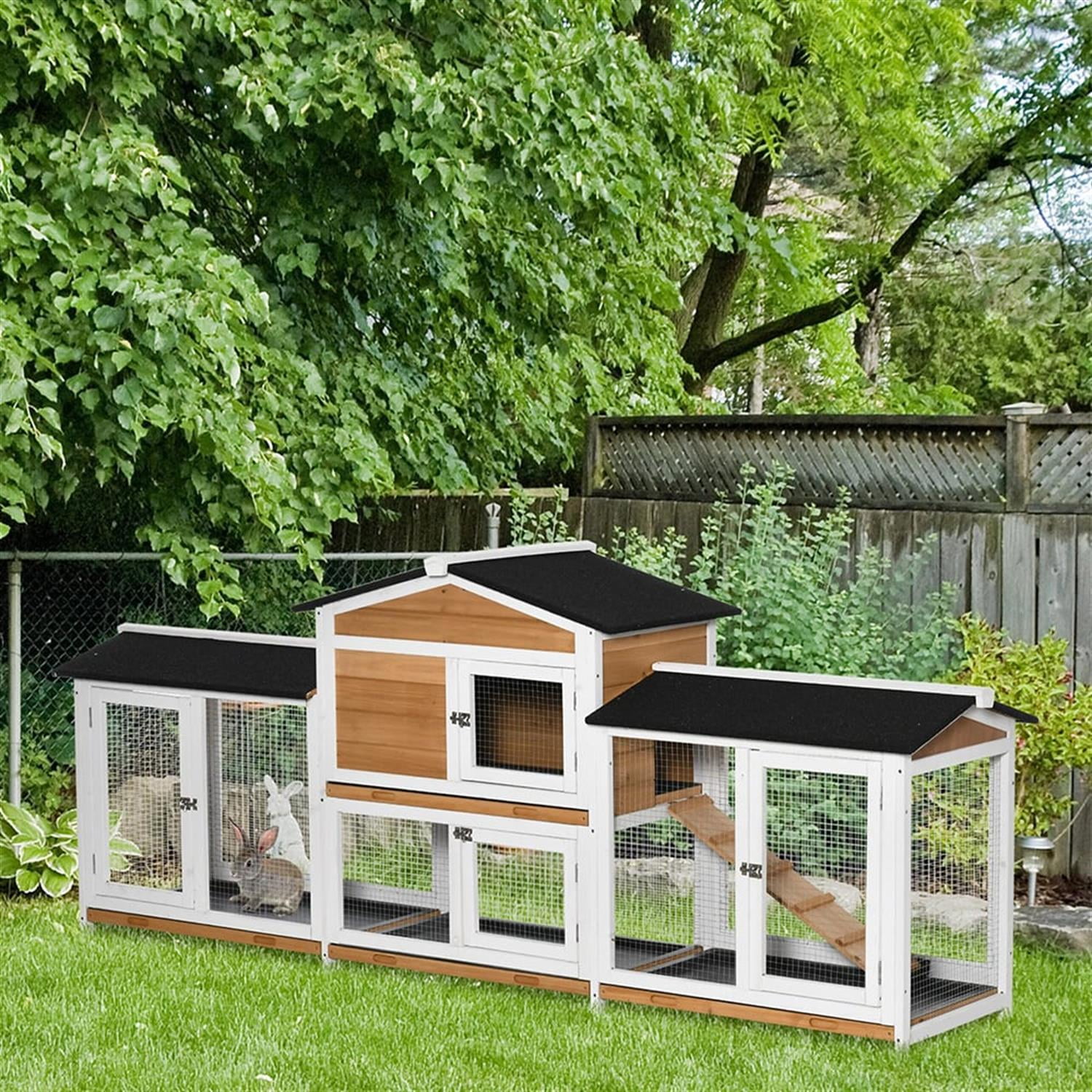 resenkos 90" Wooden Rabbit Hutch with Double Side Run Boxes, Outdoor Small Animal Habitat Chicken Coop Bunny Cage for Bunnies, Guinea Pigs, Brown