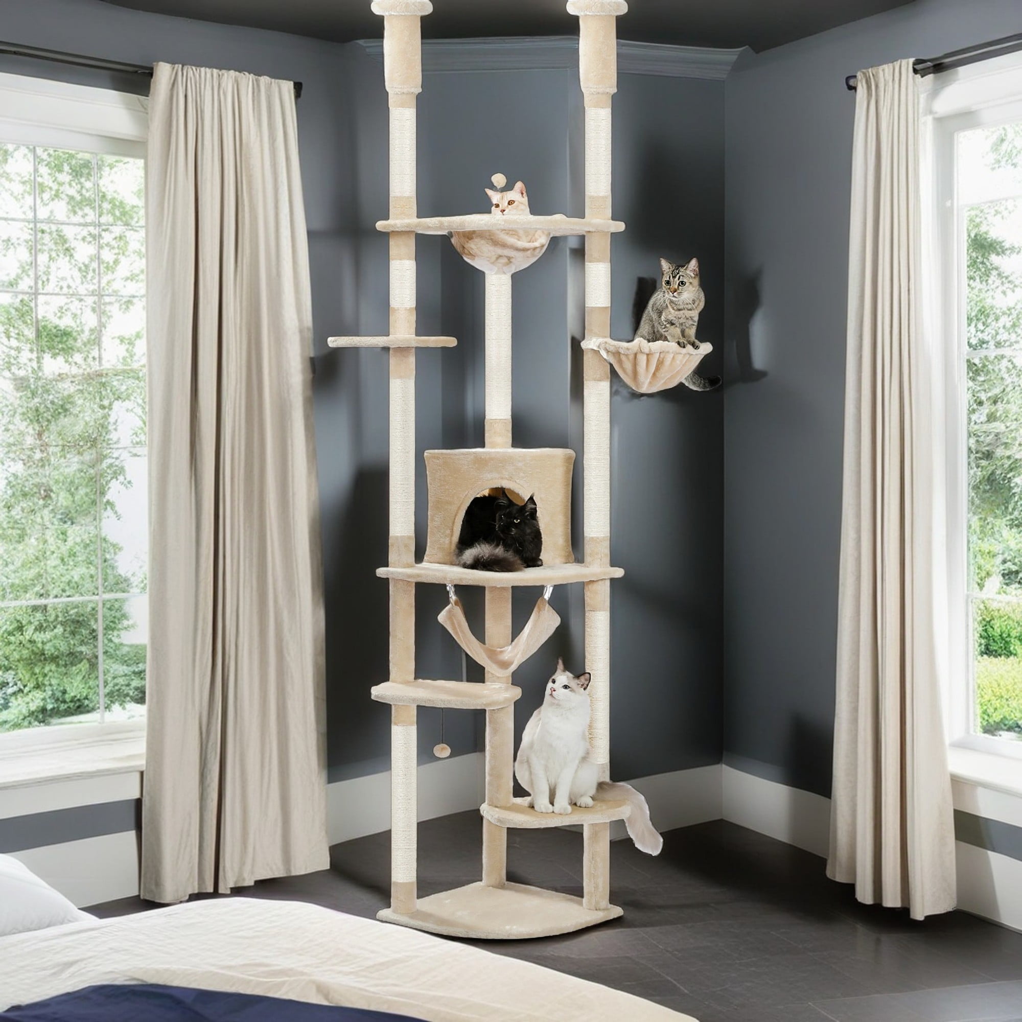 resenkos 92.9"-101.6" Height Adjustable Cat Tower Kitty Climbing Play House Floor to Ceiling Cat Tree for Indoor with Cozy Cat Condo, Beige