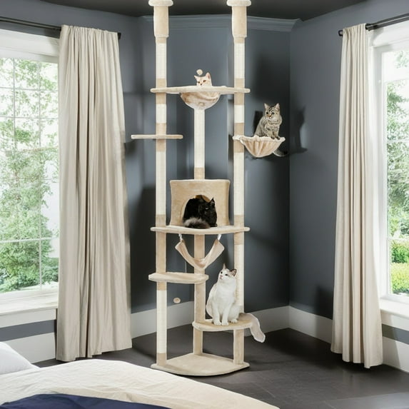 Demi Bonn 92.9"-101.6" Height Adjustable Cat Tower Kitty Climbing Play House Floor to Ceiling Cat Tree for Indoor with Cozy Cat Condo, Beige