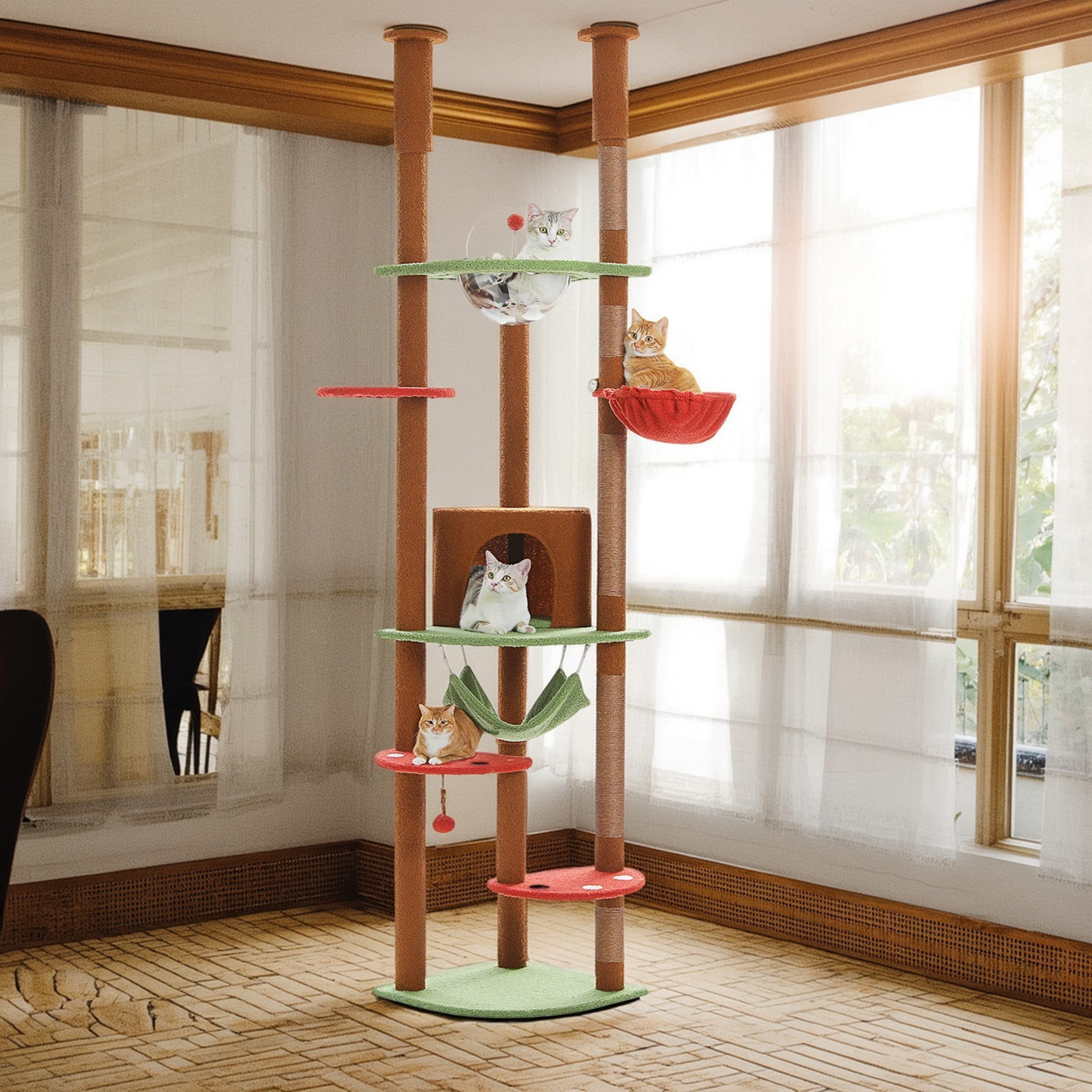 Kadyn 92.9"-101.6" Height Adjustable Cat Tower Kitty Climbing Play House Floor to Ceiling Cat Tree for Indoor with Cozy Cat Condo, Brown