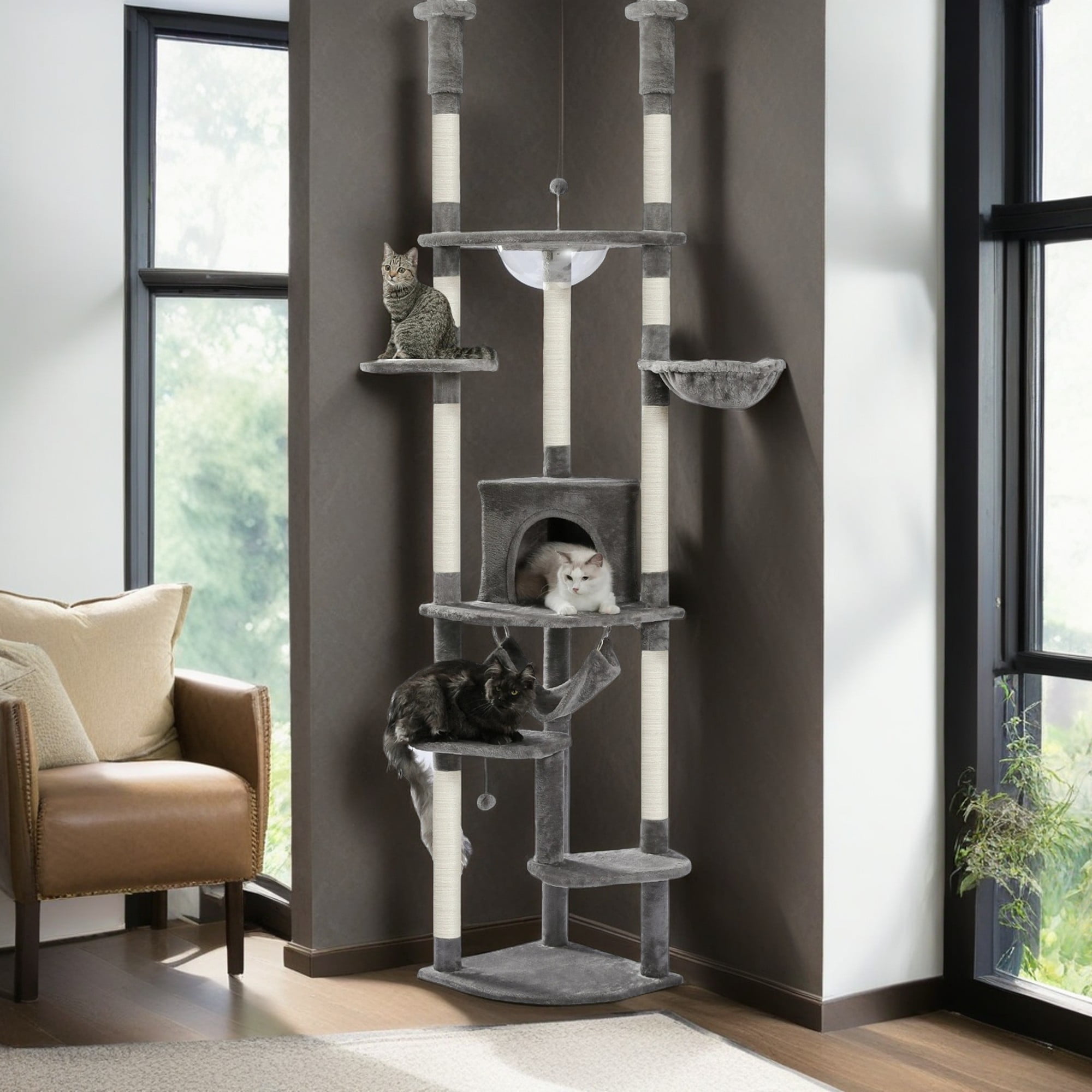 resenkos 92.9"-101.6" Height Adjustable Cat Tower Kitty Climbing Play House Floor to Ceiling Cat Tree for Indoor with Cozy Cat Condo, Gray