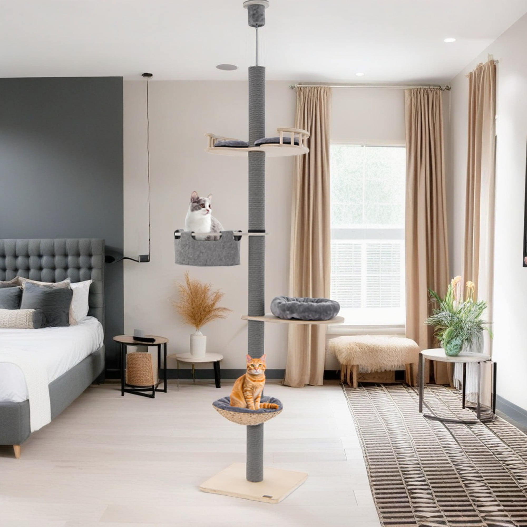 resenkos 93"-107" Adjustable Height Floor to Ceiling Cat Tree Tower with 4-Tiers for Climbing, Modern Cat Tree for Indoor Cats, Gray