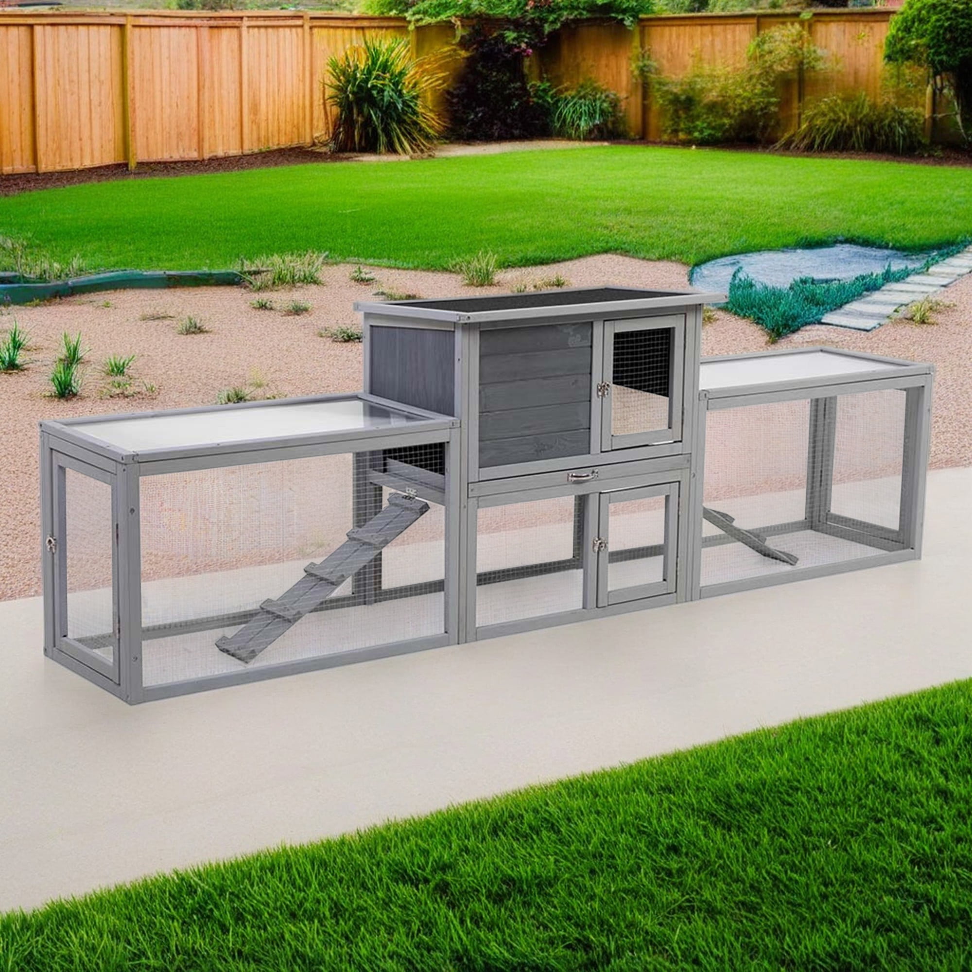 Kadyn 94" Large 2-Story Rabbit Hutch with Run, Wooden Bunny Enclosure for 4-6 Rabbits, Backyard or Urban Chicken Coops, Gray