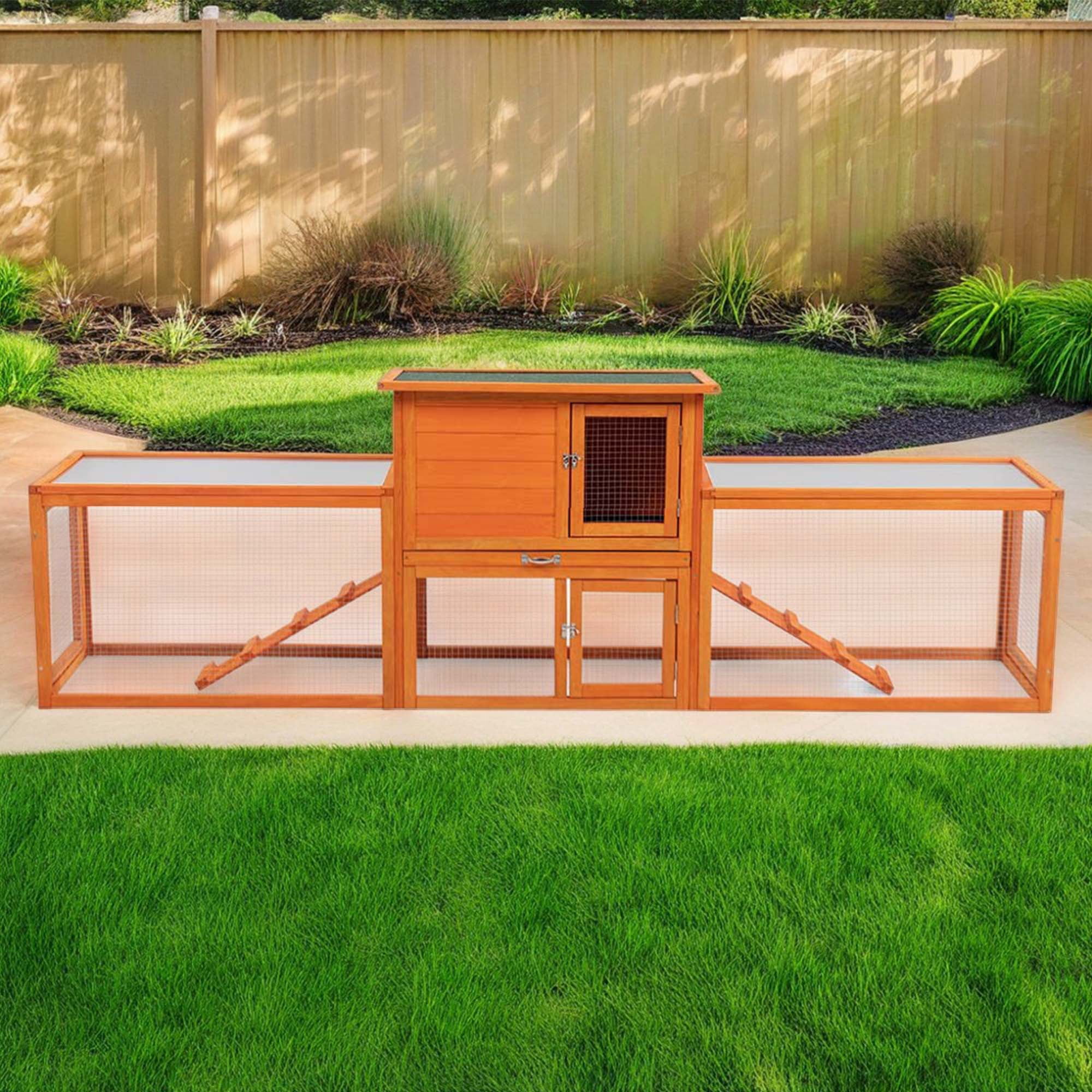Kadyn 94" Outdoor Large Rabbit Hutch with Run, Wood 2-Story Chicken Coops for 4-6 Rabbits, Pet Cages for Small Animals, Orange