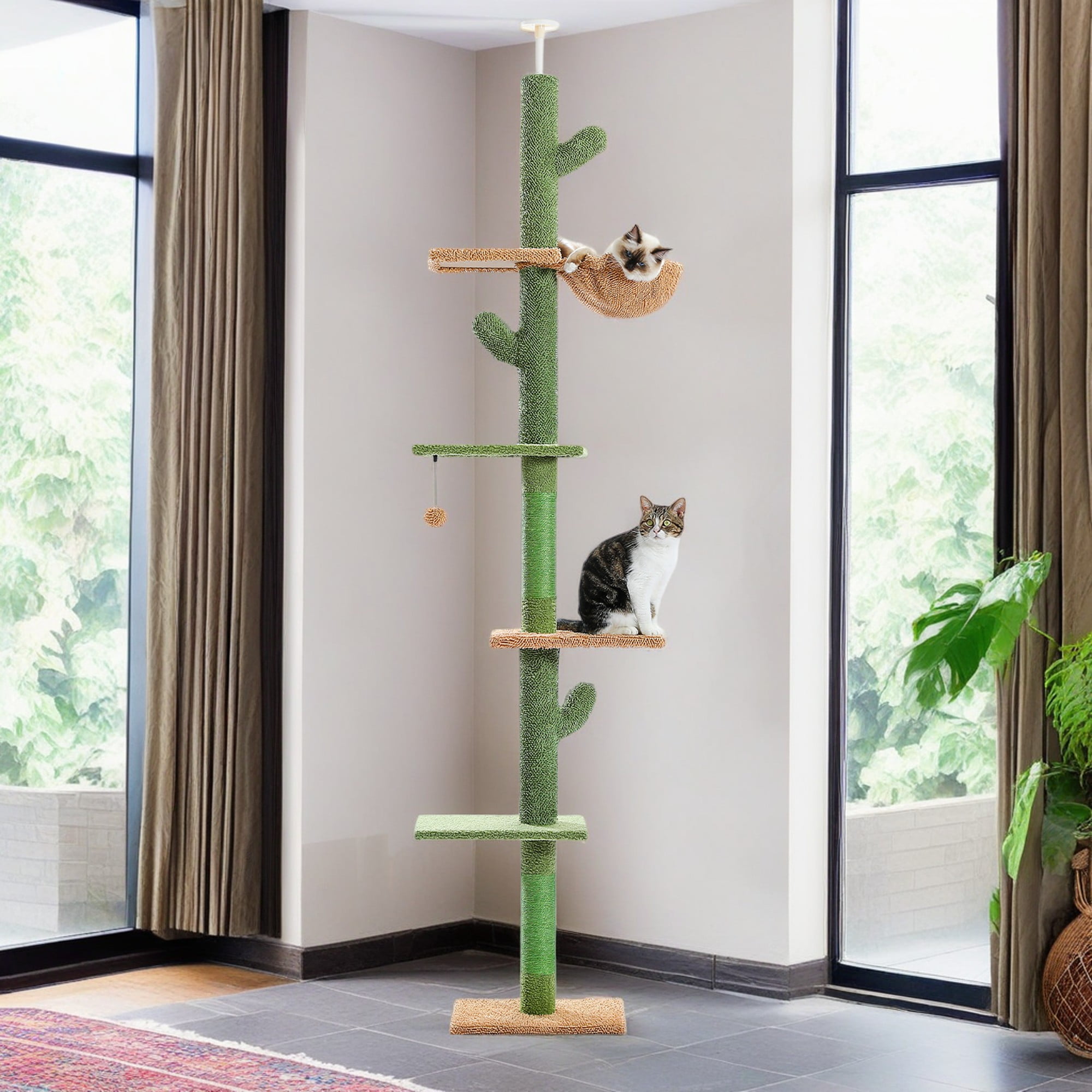 Kadyn 95"-108" Adjustable Height Cactus Cat Tree for Indoor Cats, Modern Floor to Ceiling Cat Tower, 5 Level Cat Climbing Tree, Green