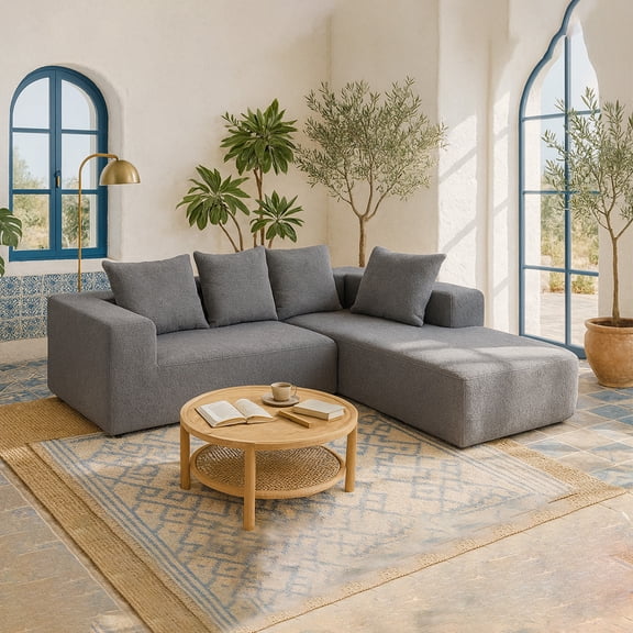 Demi Bonn 96" Full Foam Compression Modular Sofa with 5 Soft Throw Pillows, L-shaped Design Flannelette Fabric Couch for Living Room, Gray