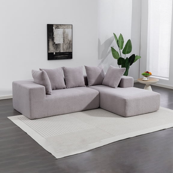 Demi Bonn 96" Full Foam Compression Modular Sofa with 5 Soft Throw Pillows, L-shaped Design Flannelette Fabric Couch for Living Room, Light Gray
