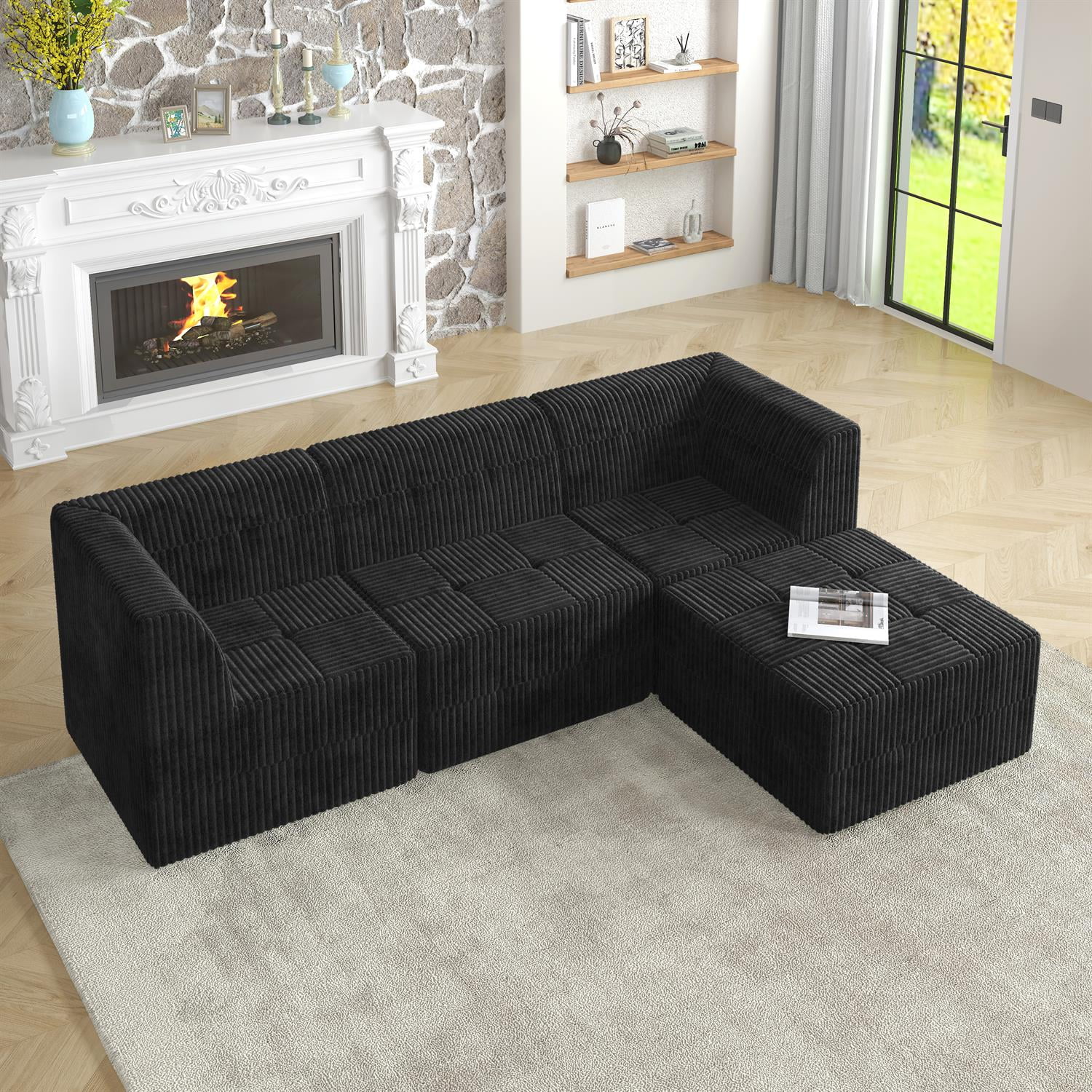 Demi Bonn 97" L-Shaped Modular Sectional Sofa, Modern Minimalist Style DIY Compressed Corduroy Couch for Living Room & Bedroom, Black