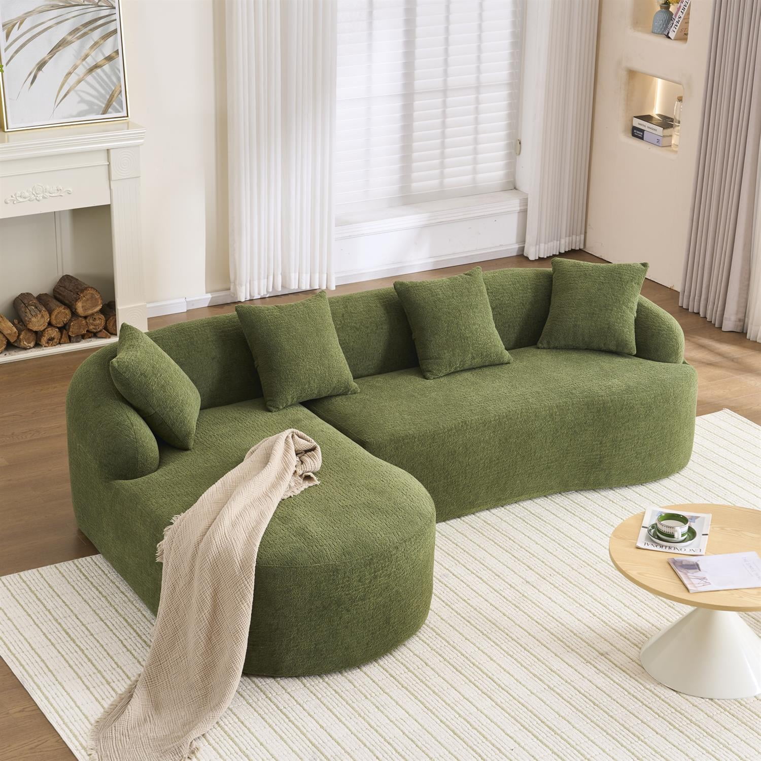 Demi Bonn 98" Cozy L-Shape Sectional Sofa with Curved Chaise, High-Density Foam, Chenille Modular Couch for Living Room, Supports 900 lbs, Green