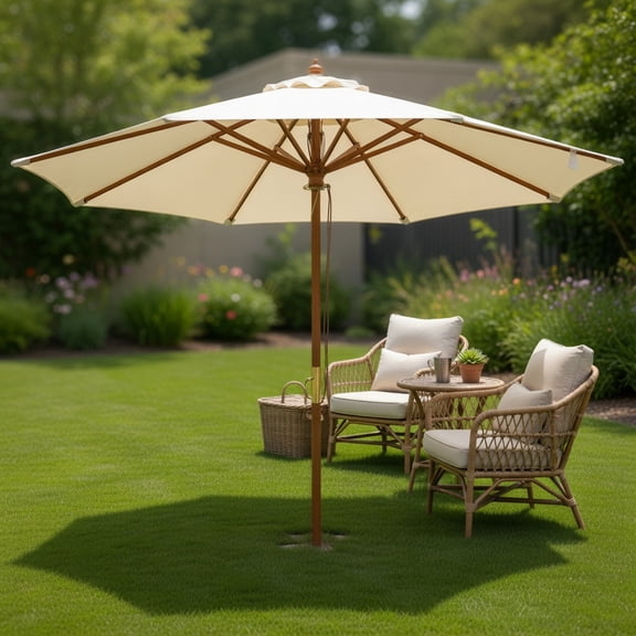 Demi Bonn 9FT Natural Bamboo Rib Patio Umbrella, 8 Reinforced Bamboo Ribs Ventilated Wind Resistant Canopy, Elegant Poolside Dining Outdoor Sun Shade, Beige Brown Navy Natural