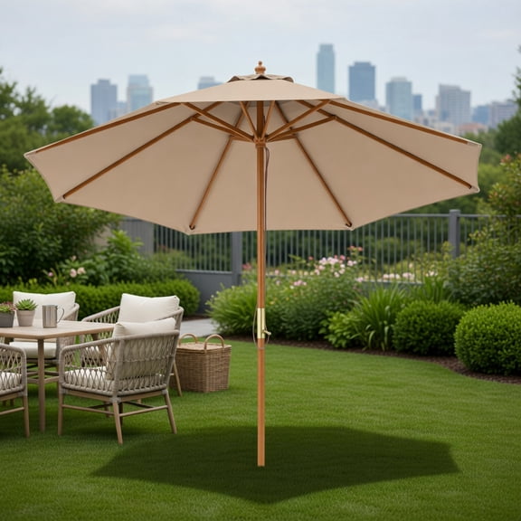 Demi Bonn 9FT Retro Natural Bamboo Patio Umbrella, 8 Sturdy Bamboo Ribs Air Vent Weatherproof Canopy, Relaxed Backyard Garden Leisure Shade, Beige Brown Navy Natural