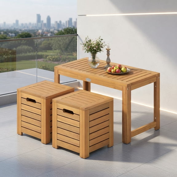 Demi Bonn Acacia Wood Outdoor Coffee Table Set with 2 Stools, 3-Piece Patio Furniture Set with Hidden Storage, Natural Finish, for Balcony, Porch & Garden