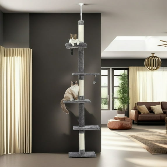 Demi Bonn Adjustable 90"-108" Tall Cat Tree for Indoor Cats, Multilevel Cat Tower with Sisal Scratching Posts, Floor-to-Ceiling Cat Condo for Adult Cats, Gray