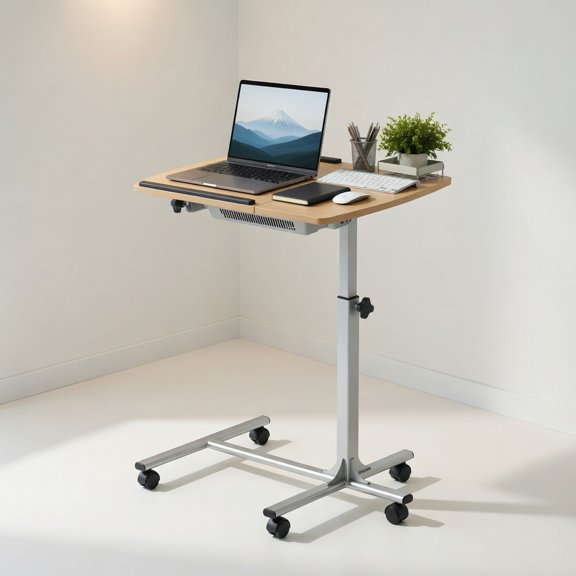 Demi Bonn Adjustable Angle Height Rolling Laptop Table 5-Level Height Lockable Casters Heavy Duty Steel Frame Mobile Desk for Home Office Dorm, Natural