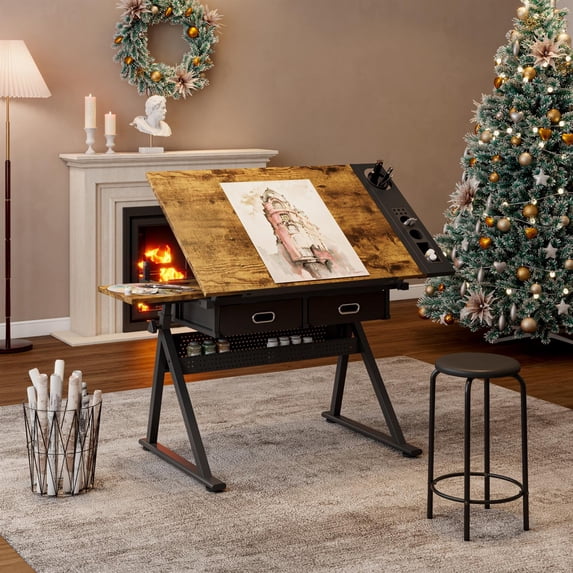 Demi Bonn Adjustable Drawing Drafting Table Desk, 2 Drawers with Stool for Home Office & School, Brown