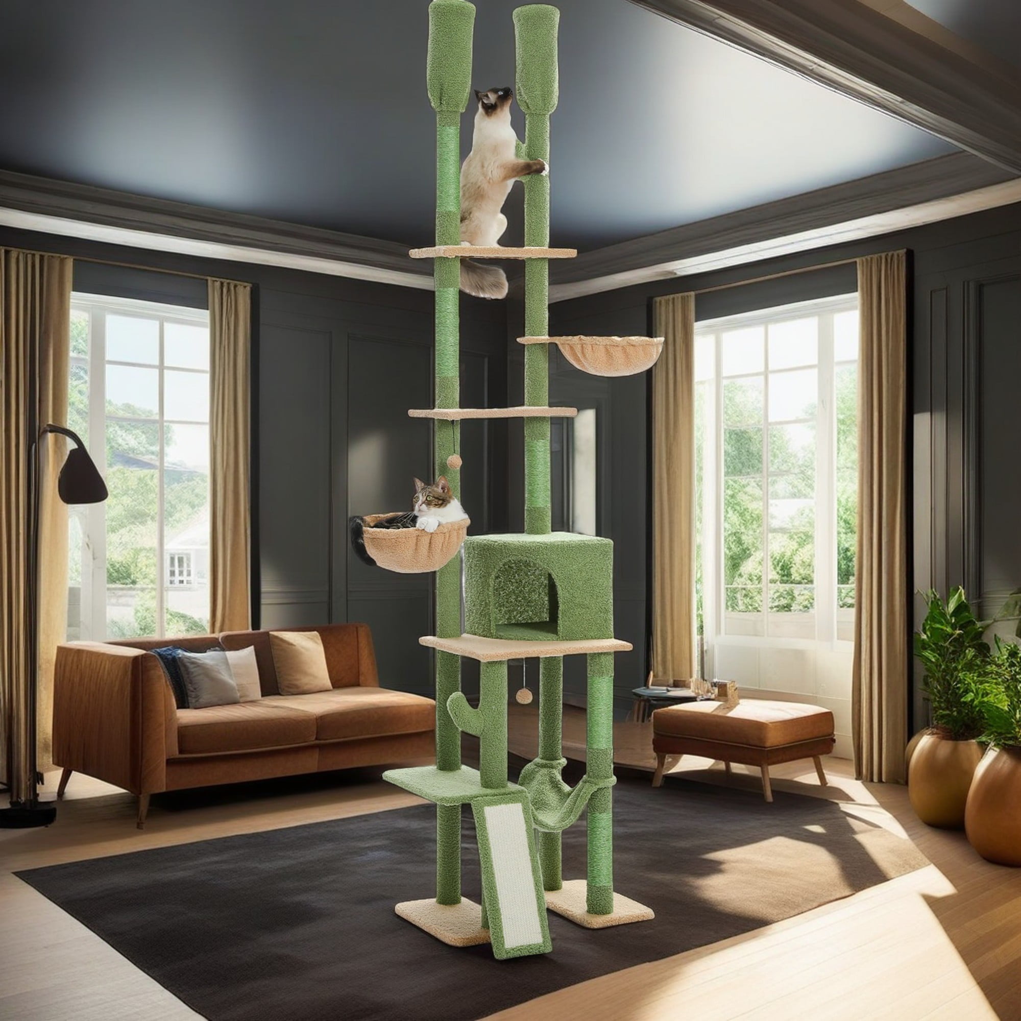Kadyn Adjustable Height (85"-112") Cat Tree Tower for Indoor Cats, Floor to Ceiling with 7 Tiers Cat Climbing Activity Center, Hammocks, 5 Platforms, Green