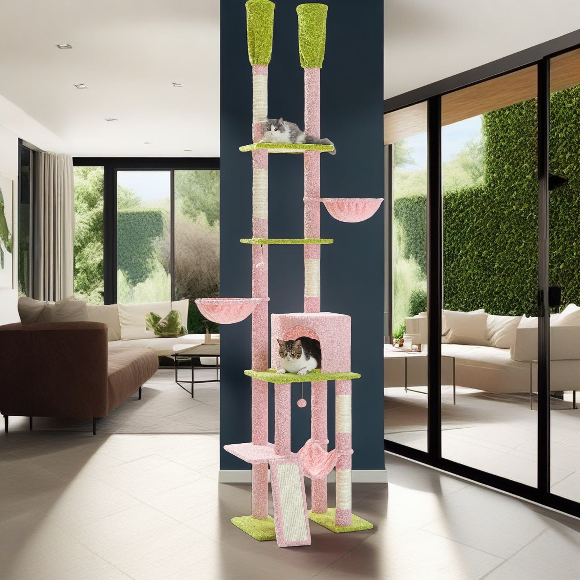 resenkos Adjustable Height (85"-112") Cat Tree Tower for Indoor Cats, Floor to Ceiling with 7 Tiers Cat Climbing Activity Center, Hammocks, 5 Platforms, Pink