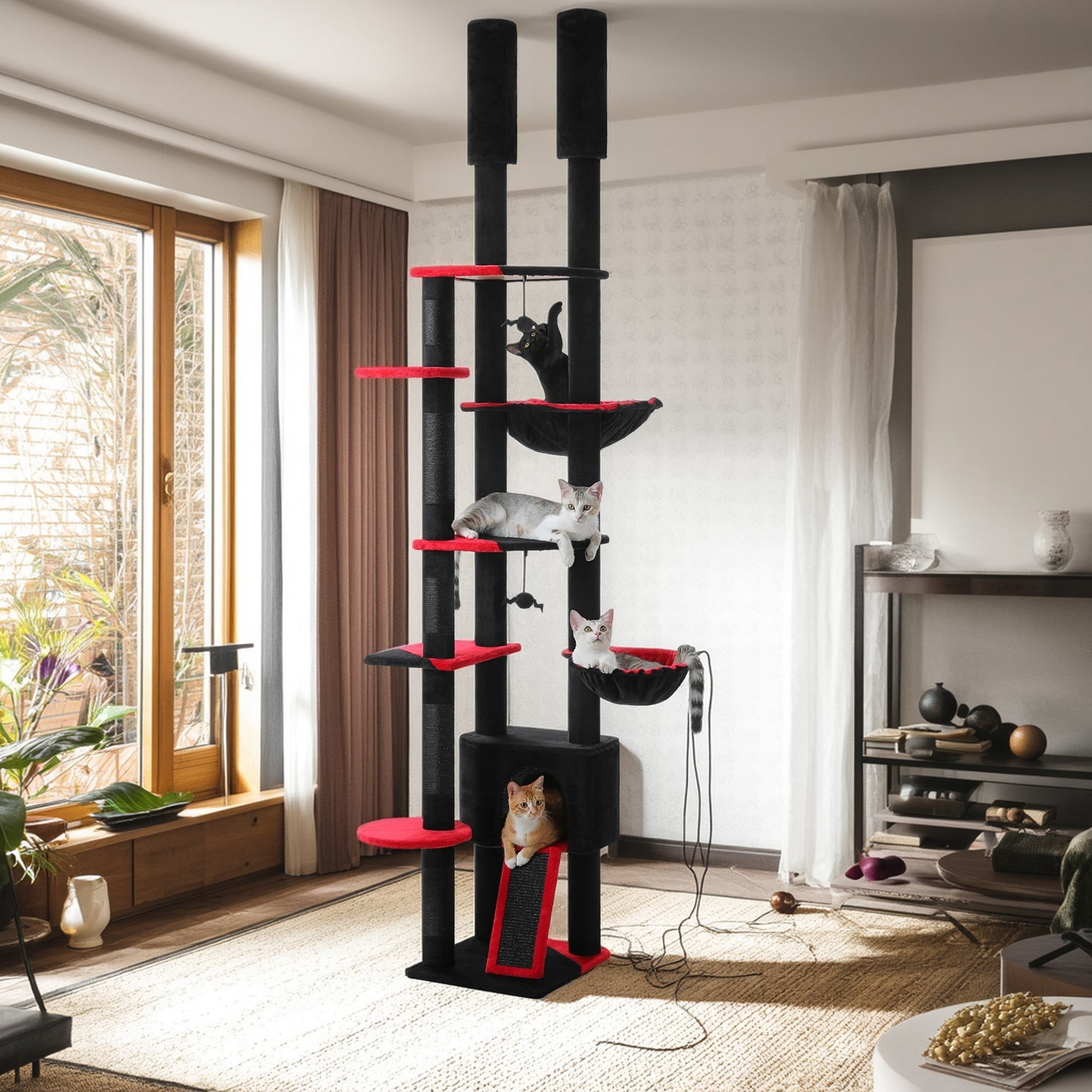 resenkos Adjustable Height(85-112 in) Cat Tree Tower Floor to Ceiling with 7 Tiers Cat Climbing Activity Center, Cozy Hammocks, 5 Platforms for Indoor Cats, Black