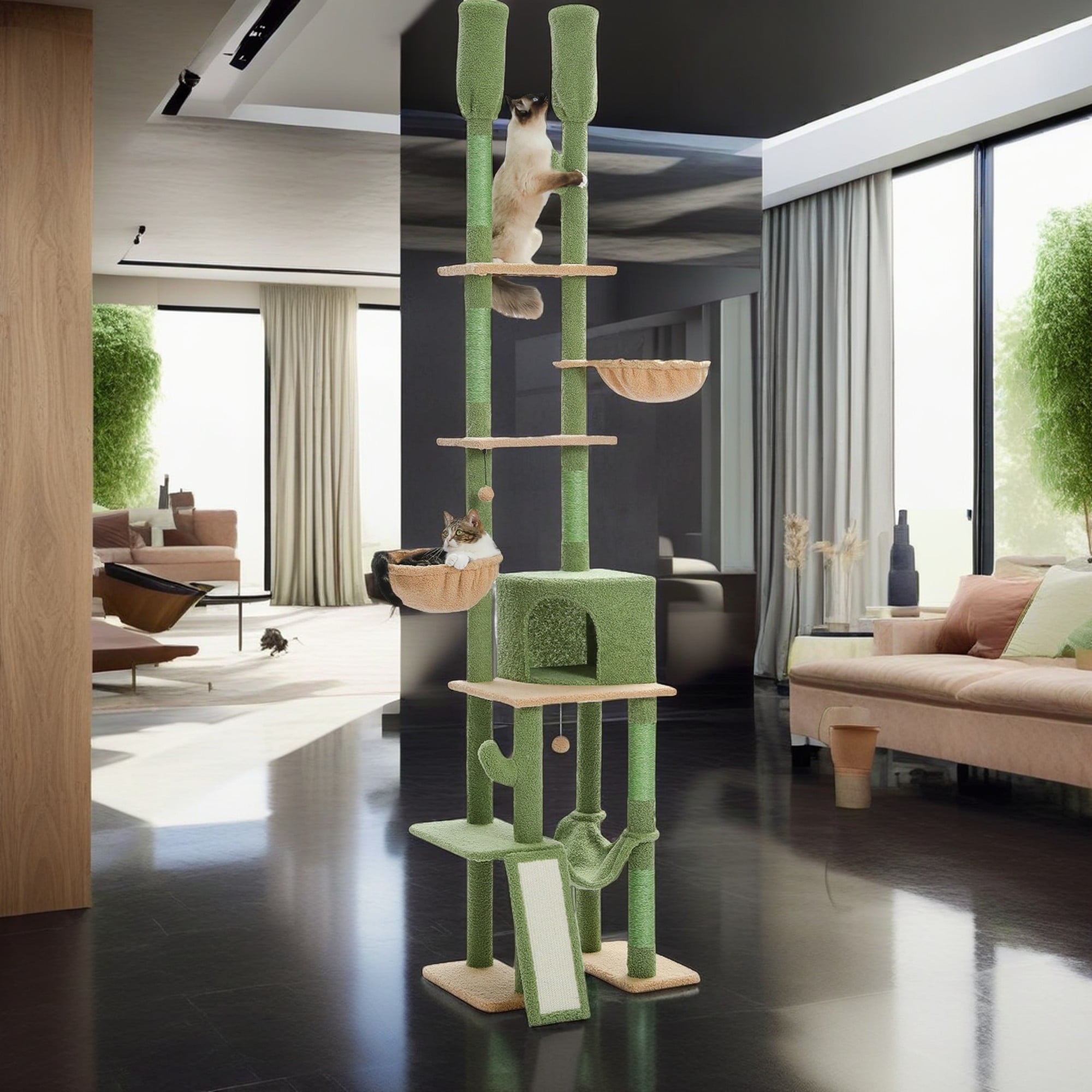 Kadyn Adjustable Height(85-112 in) Cat Tree Tower Floor to Ceiling with 7 Tiers Cat Climbing Activity Center, Cozy Hammocks, 5 Platforms for Indoor Cats, Green