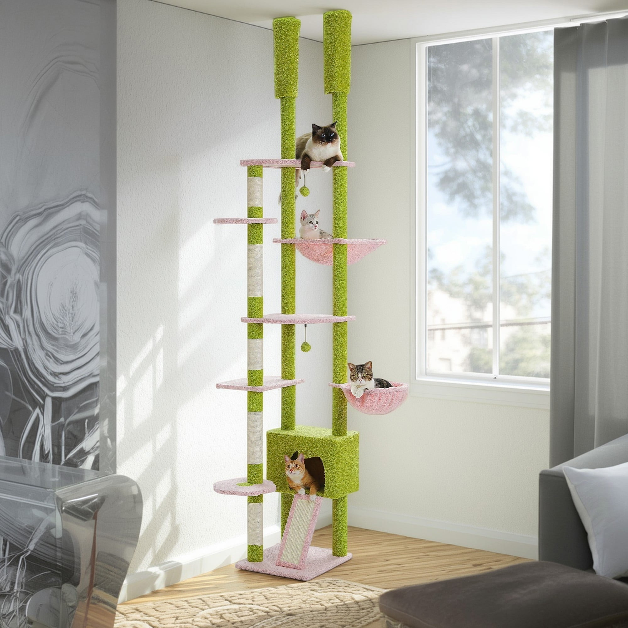 Kadyn Adjustable Height(85-112 in) Cat Tree Tower Floor to Ceiling with 7 Tiers Cat Climbing Activity Center, Cozy Hammocks, 5 Platforms for Indoor Cats, Green