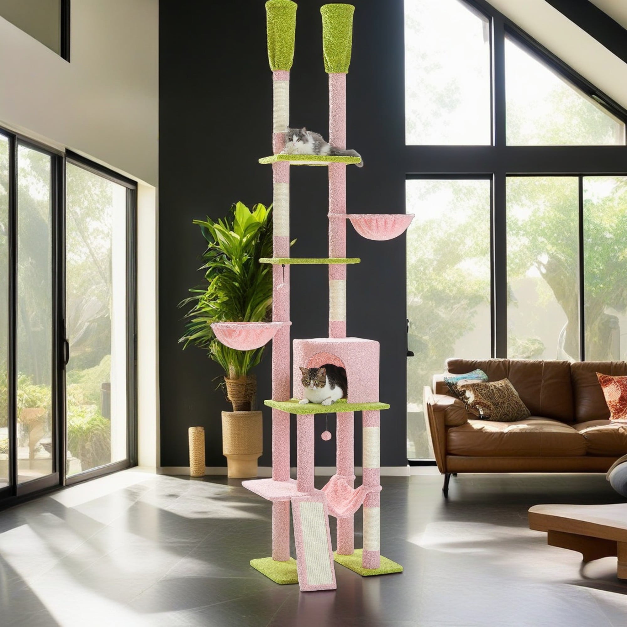resenkos Adjustable Height(85-112 in) Cat Tree Tower Floor to Ceiling with 7 Tiers Cat Climbing Activity Center, Cozy Hammocks, 5 Platforms for Indoor Cats, Pink