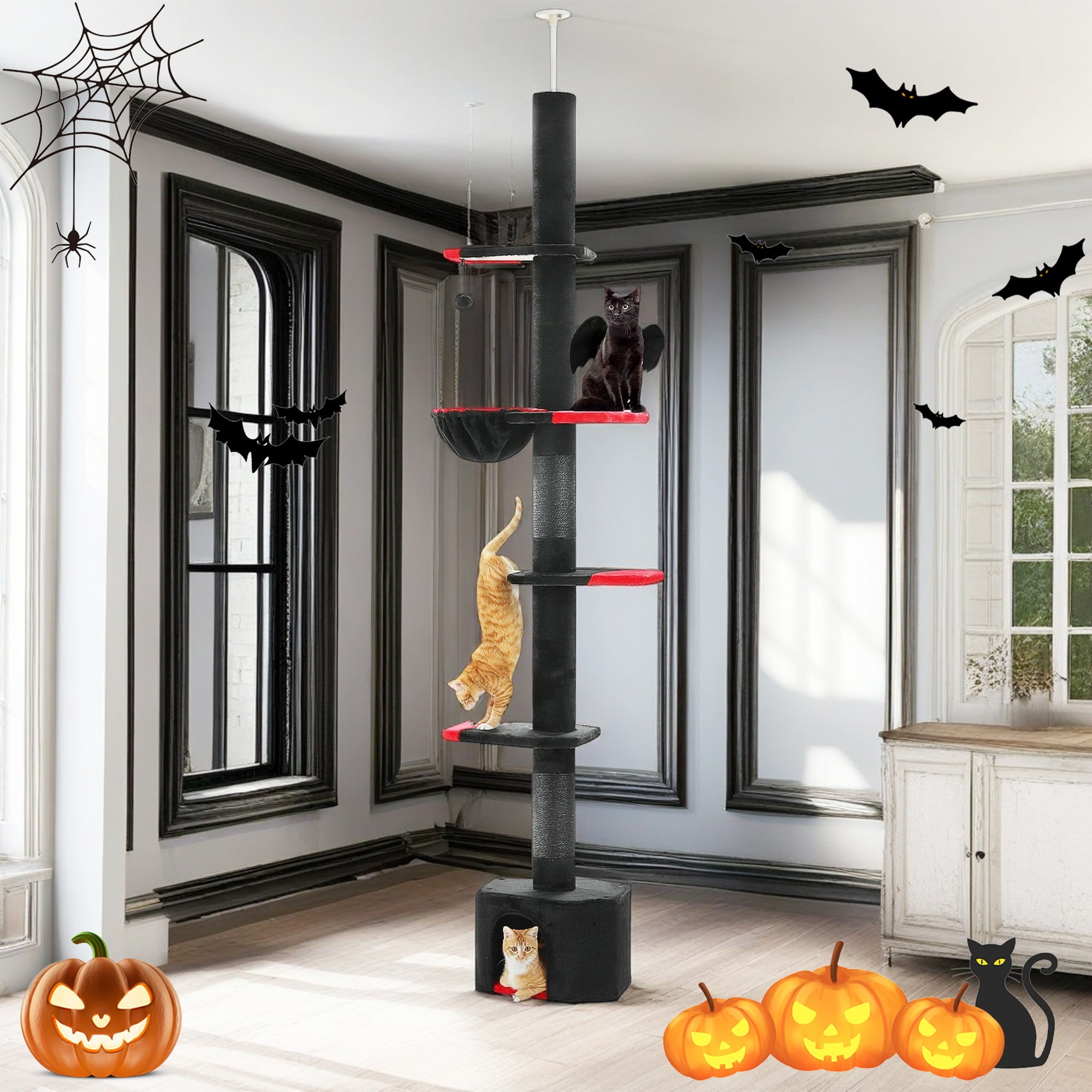 Kadyn Adjustable Height 86"-120" Gothic Cat Tree with Sisal Covered Scratching Post, Hammock, Floor to Ceiling Cat Tree Tower, Black