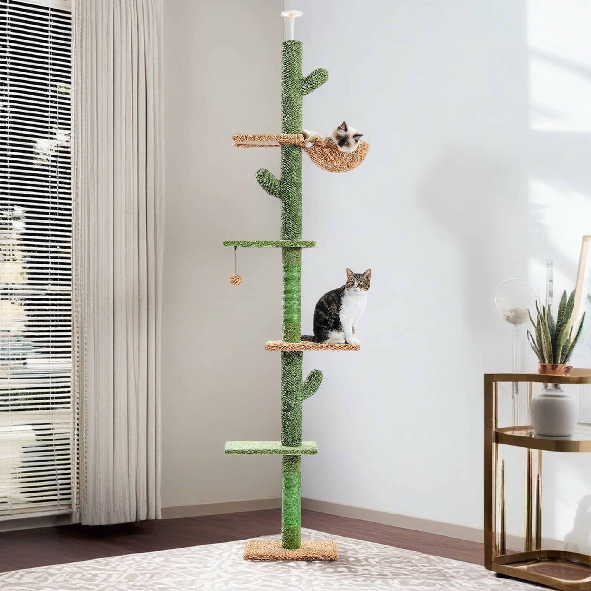 Kadyn Adjustable Height 95"-108" Cactus Cat Tree with Sisal Covered Scratching Post, Hammock, Floor to Ceiling Cat Tree Tower, Green