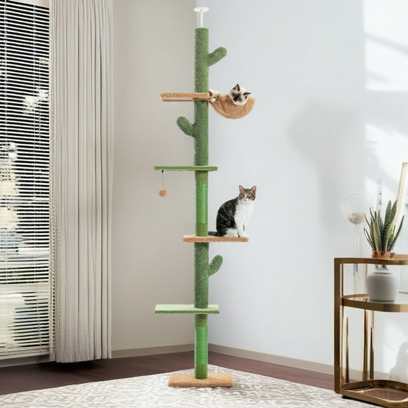 Demi Bonn Adjustable Height 95"-108" Cactus Cat Tree with Sisal Covered Scratching Post, Hammock, Floor to Ceiling Cat Tree Tower, Green