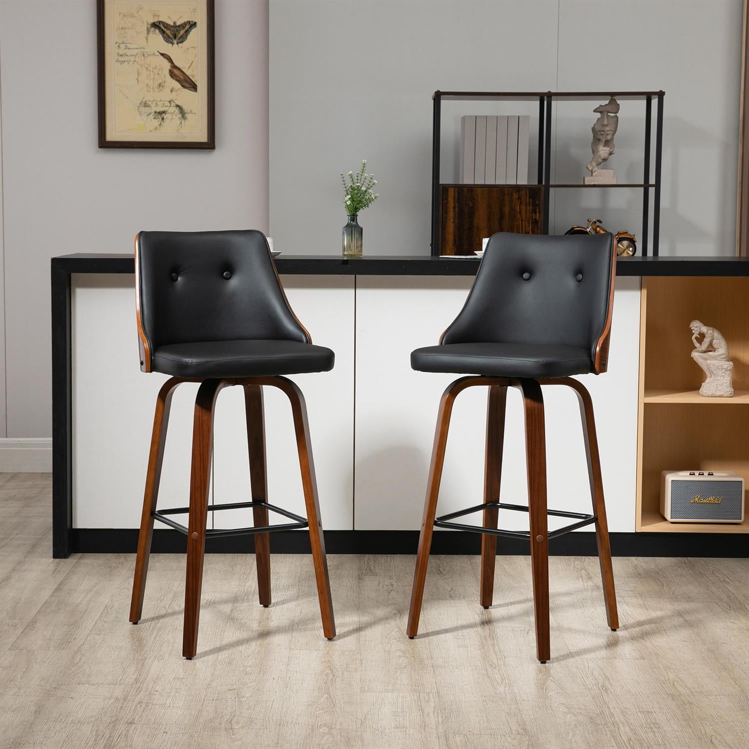Demi Bonn Adjustable Height Bar Stools Set of 2, PU Leather Swivel Seating with Footrest & Tufted Back for Home Entertainment, Black