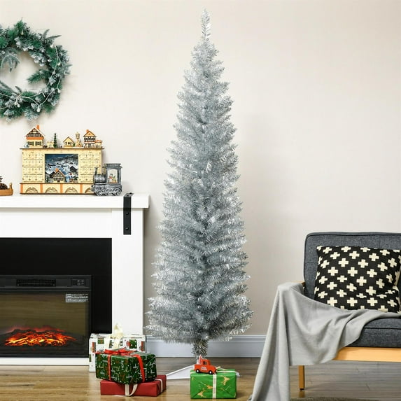 Demi Bonn Artificial Slim Christmas Tree with 390 Realistic Tips, 6ft Tall with Plastic Stand for Holiday Decor, Silver