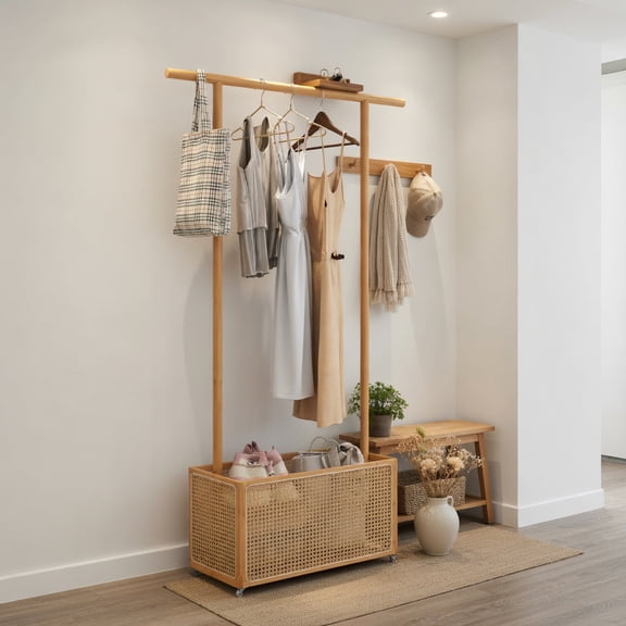 Demi Bonn Bamboo Clothes Rack with Rattan Storage Basket, 4 Lockable Wheels, Brown