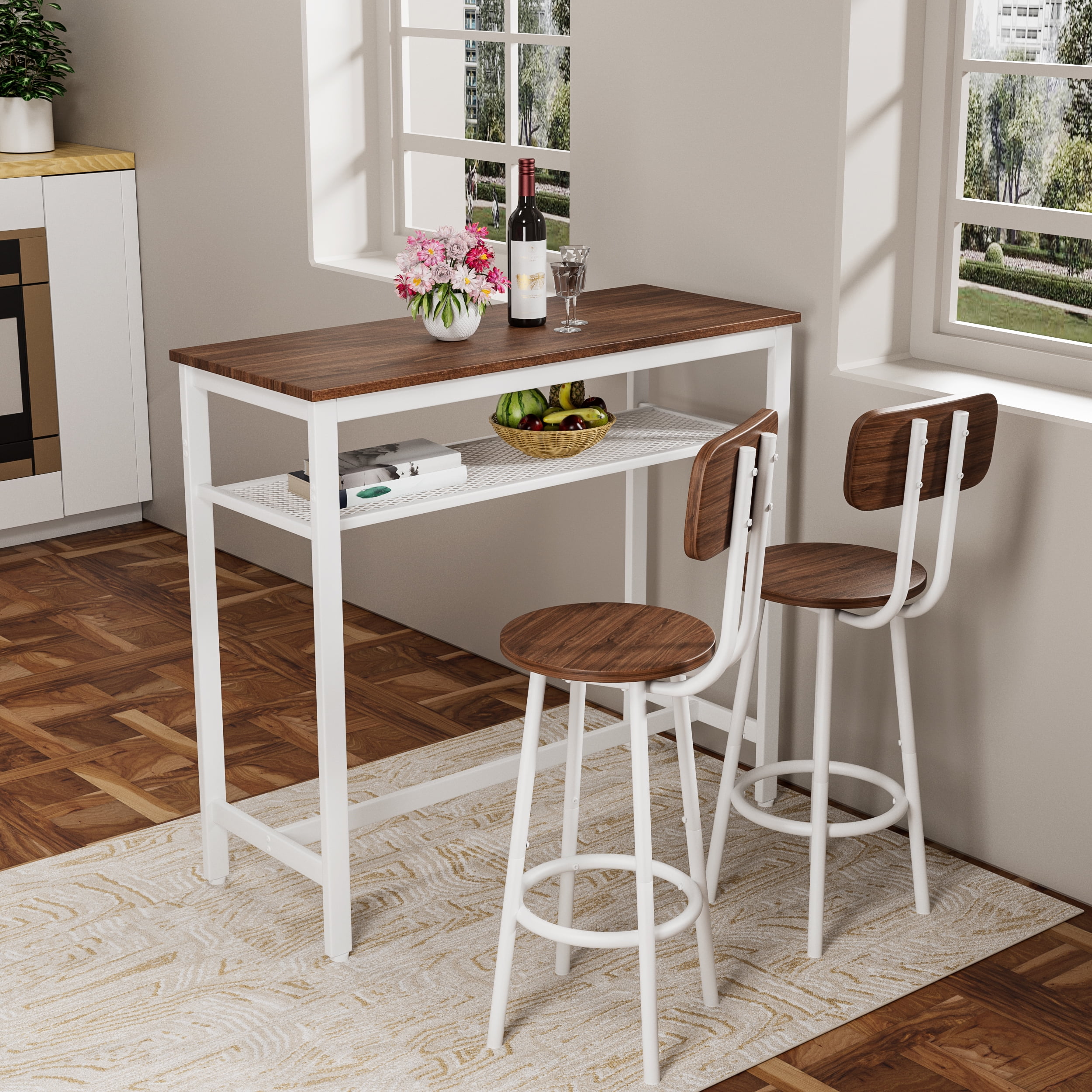 Demi Bonn Bar Table and Chairs Set of 3 with Metal Frame and Storage Rack, 39" Rectangular Pub Table with 2 Stools for Small Space, 3-Piece Breakfast Table Set, Brown